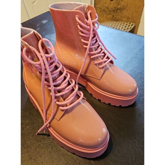BNWoT NEVER WORN Chunky Pink platform LaceUp Boots Wellies Rubber Platform Shoes - Picture 12 of 14
